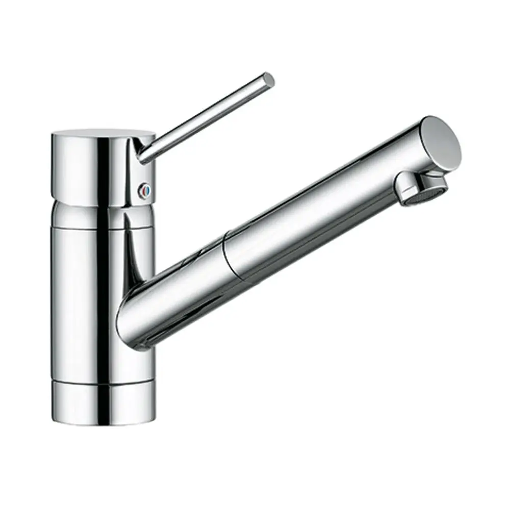 Kludi-Auslaufarmatur mit einem glänzenden, chromierten Finish und einem seitlich angebrachten Hebel zur Steuerung des Wasserflusses. Der Auslauf ist zur Herausziehfunktion ausgelegt.